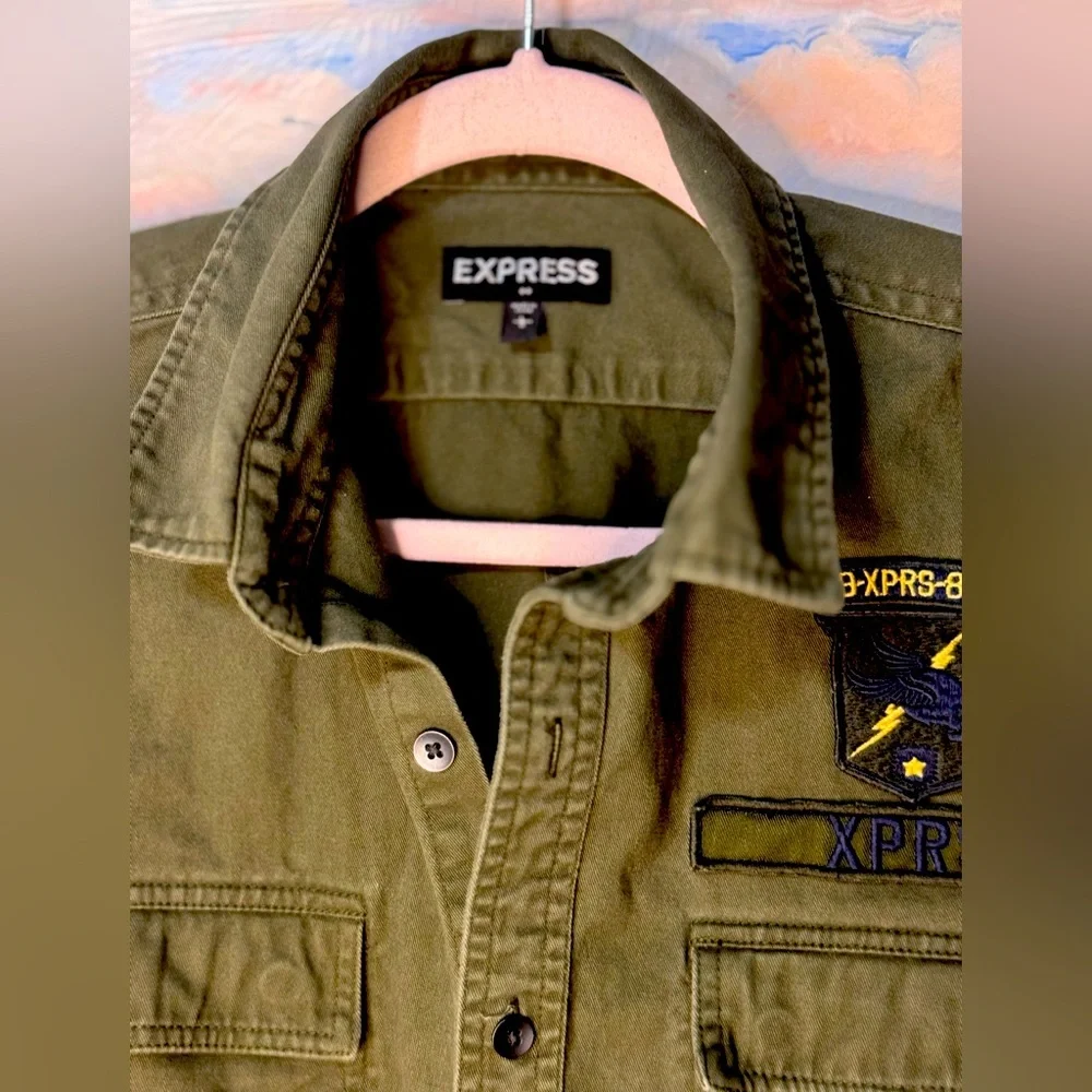 EXPRESS Men's Long Sleeve Button Up Shirt Jacket | Olive | Army Green Large‎